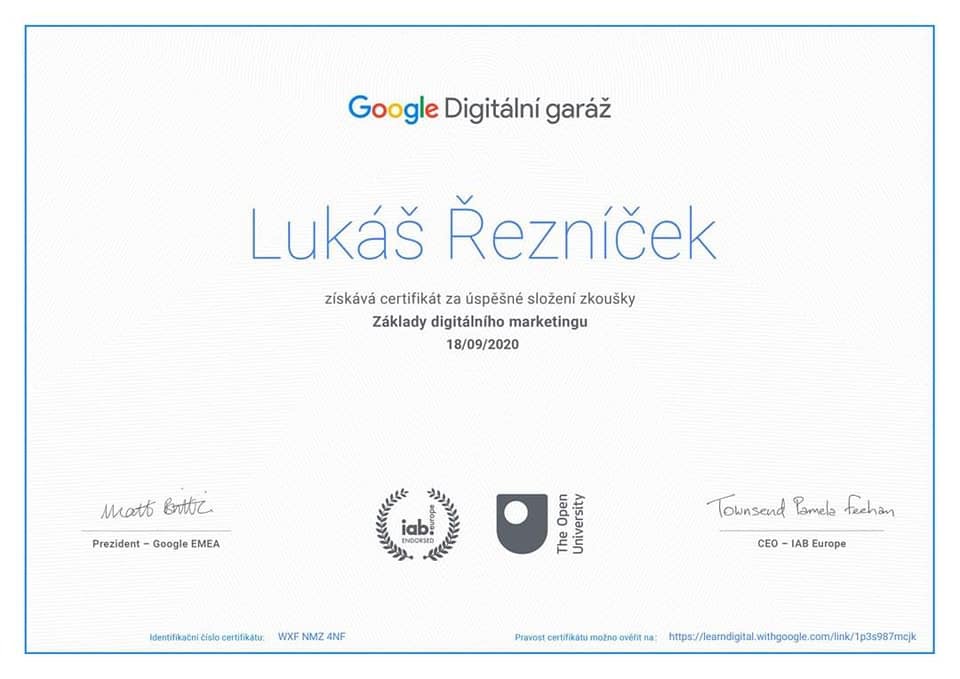 Google certifikát marketingu — Lukáš Řezníček
