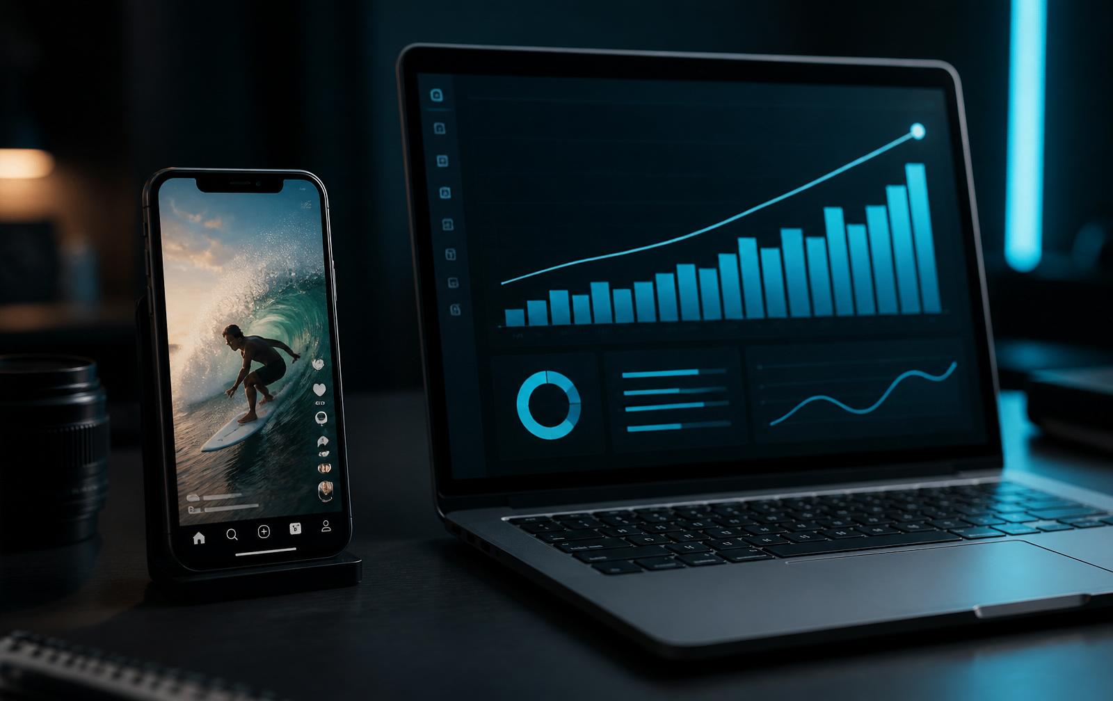 Smartphone s vertikálním videem a notebook s rostoucím grafem prodejů — propojení Reels obsahu s reálnými výsledky