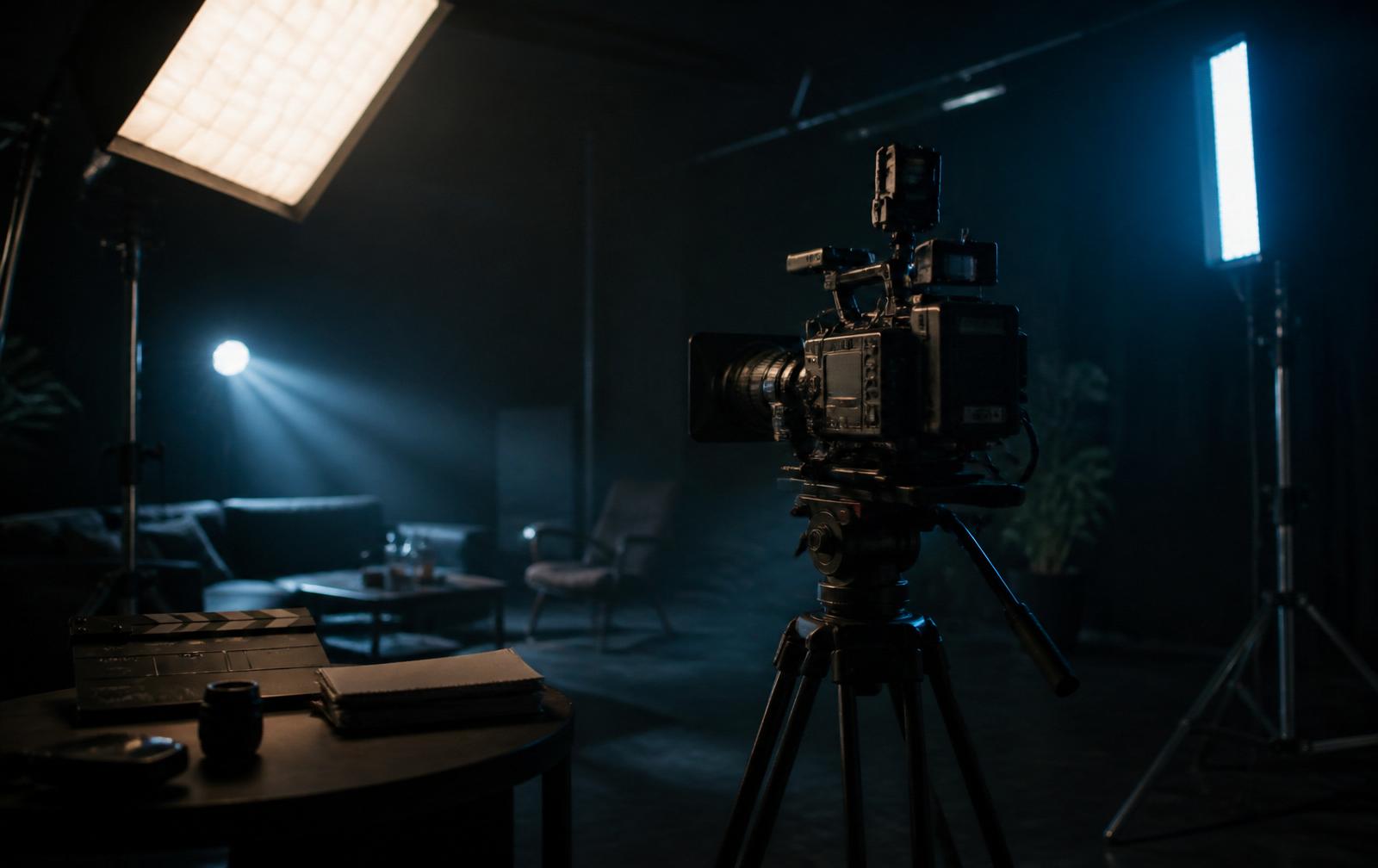 Profesionální filmová kamera na stativu s LED softboxy a klapkou — produkční zázemí pro tvorbu Reels